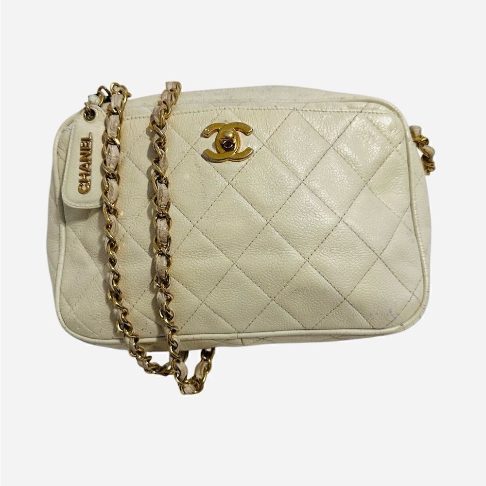 Chanel beige quilted gold tone leather crossbody bag
